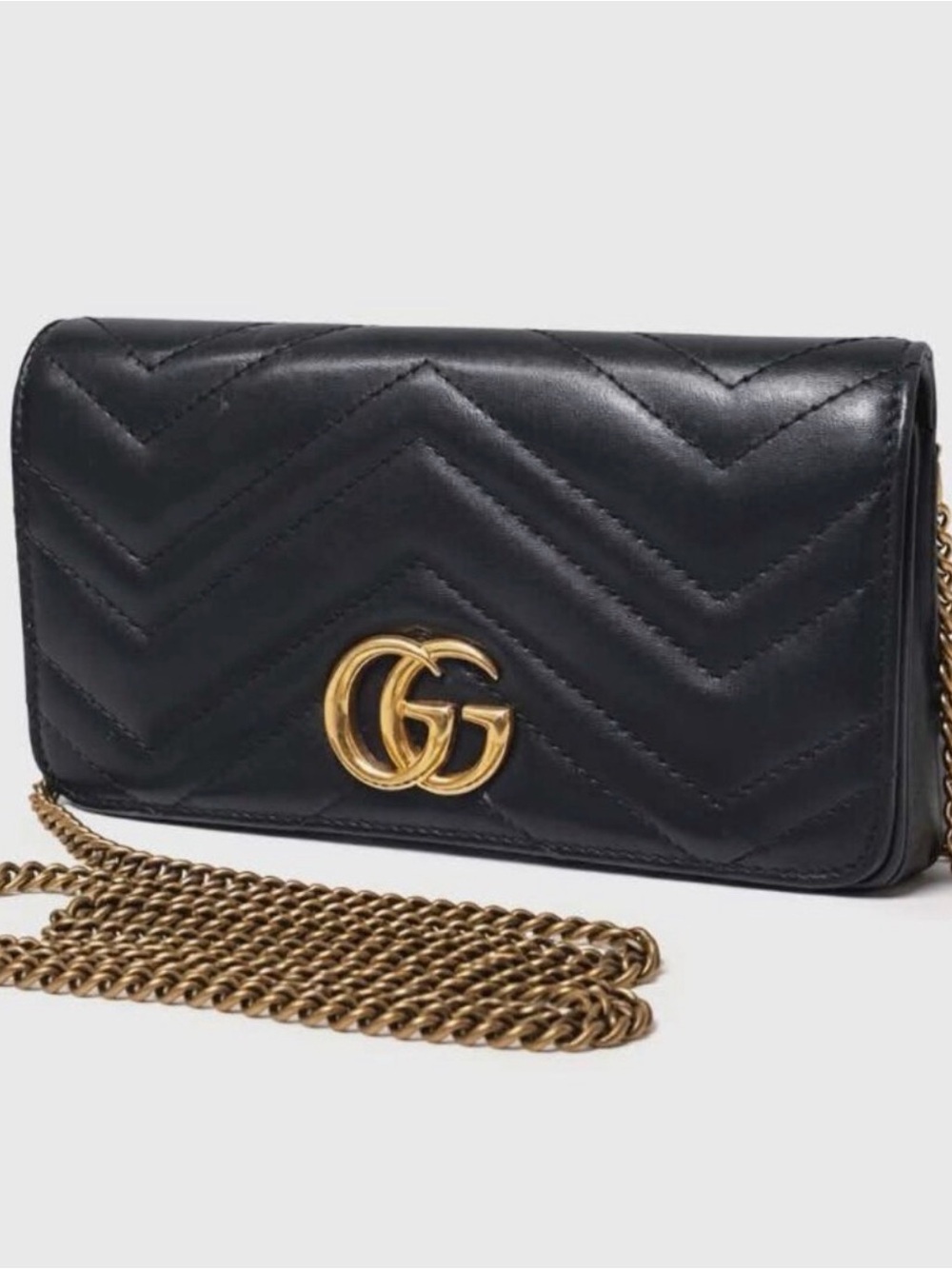 Gucci Black Leather GG mini Chevron Chain Wallet Crossbody